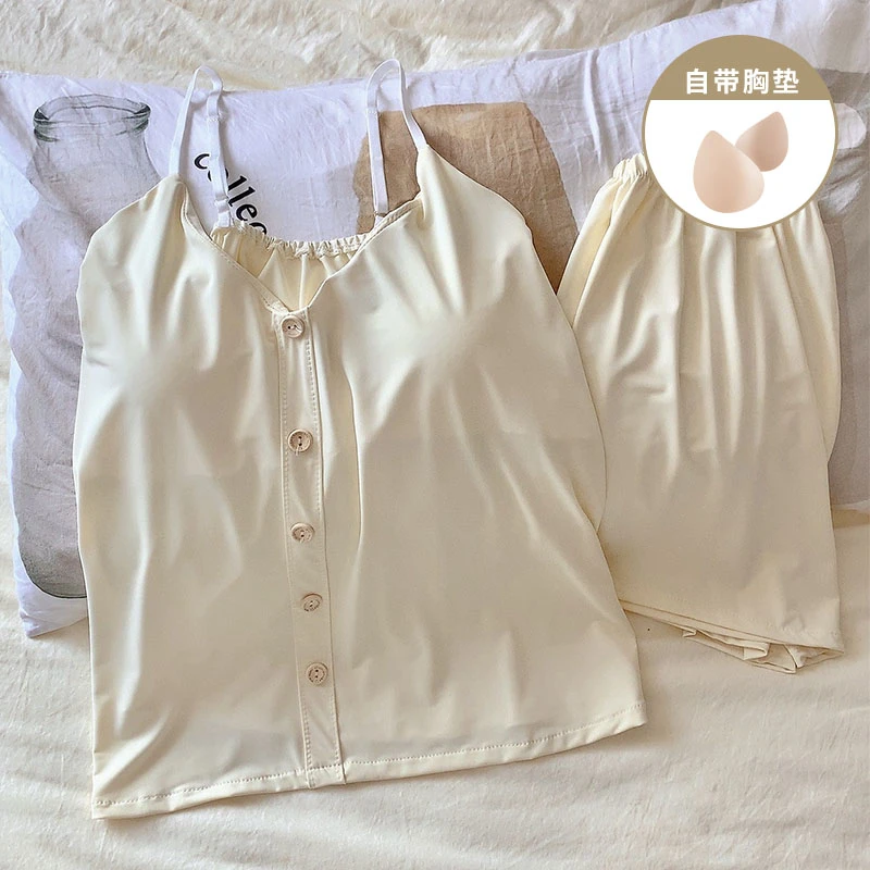 夏季爆款甜美公主风带胸垫睡衣女冰丝凉感吊带短裤少女家居服套装