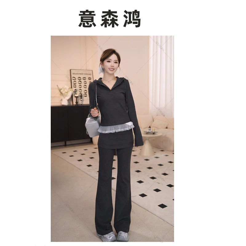 意森-2025春秋新款休闲气质蕾丝连帽长袖上衣+显瘦裤子套装 女