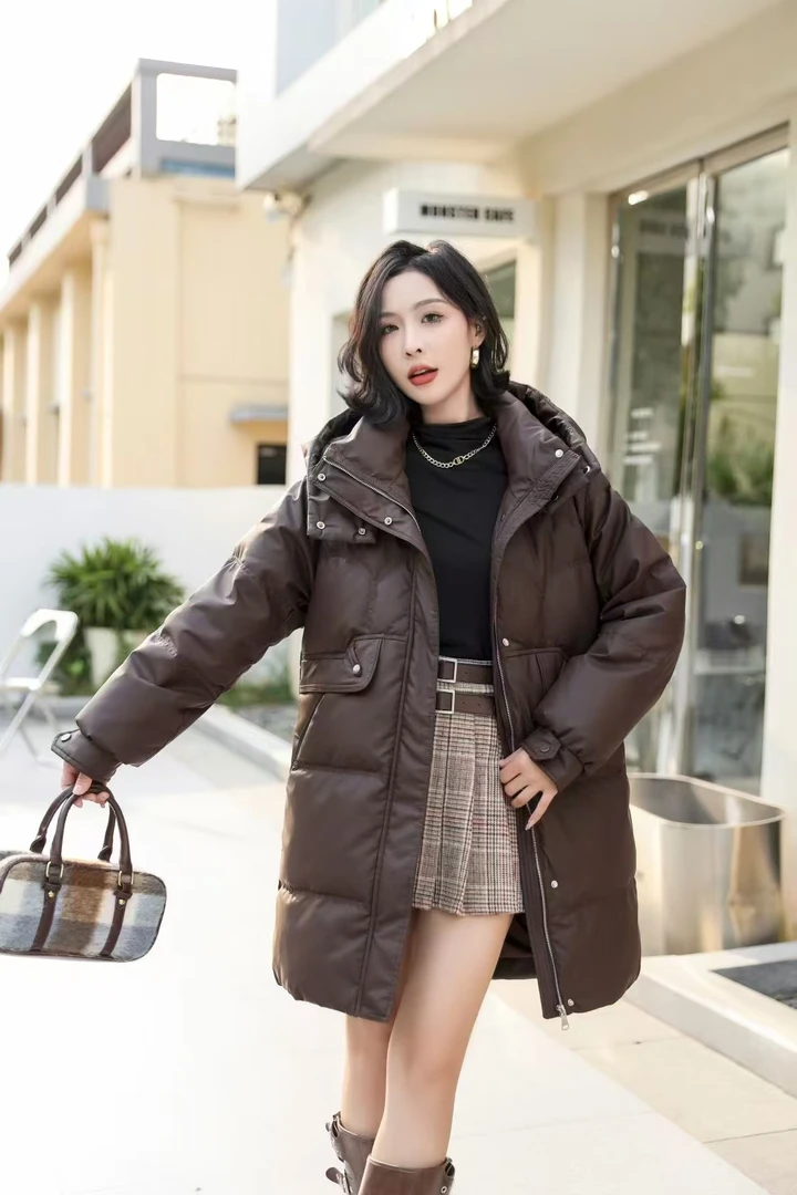 恒鑫安高货蛋白皮连帽中长款羽绒服-9956