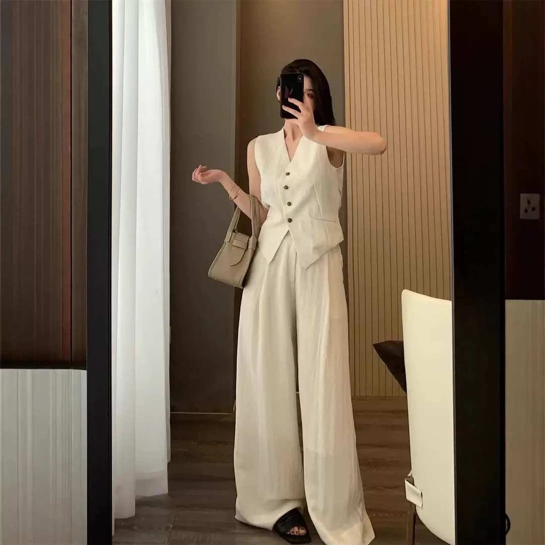 [陈陈】天丝亚麻套装无袖高级2025老钱风时尚马甲阔腿裤两件套女
