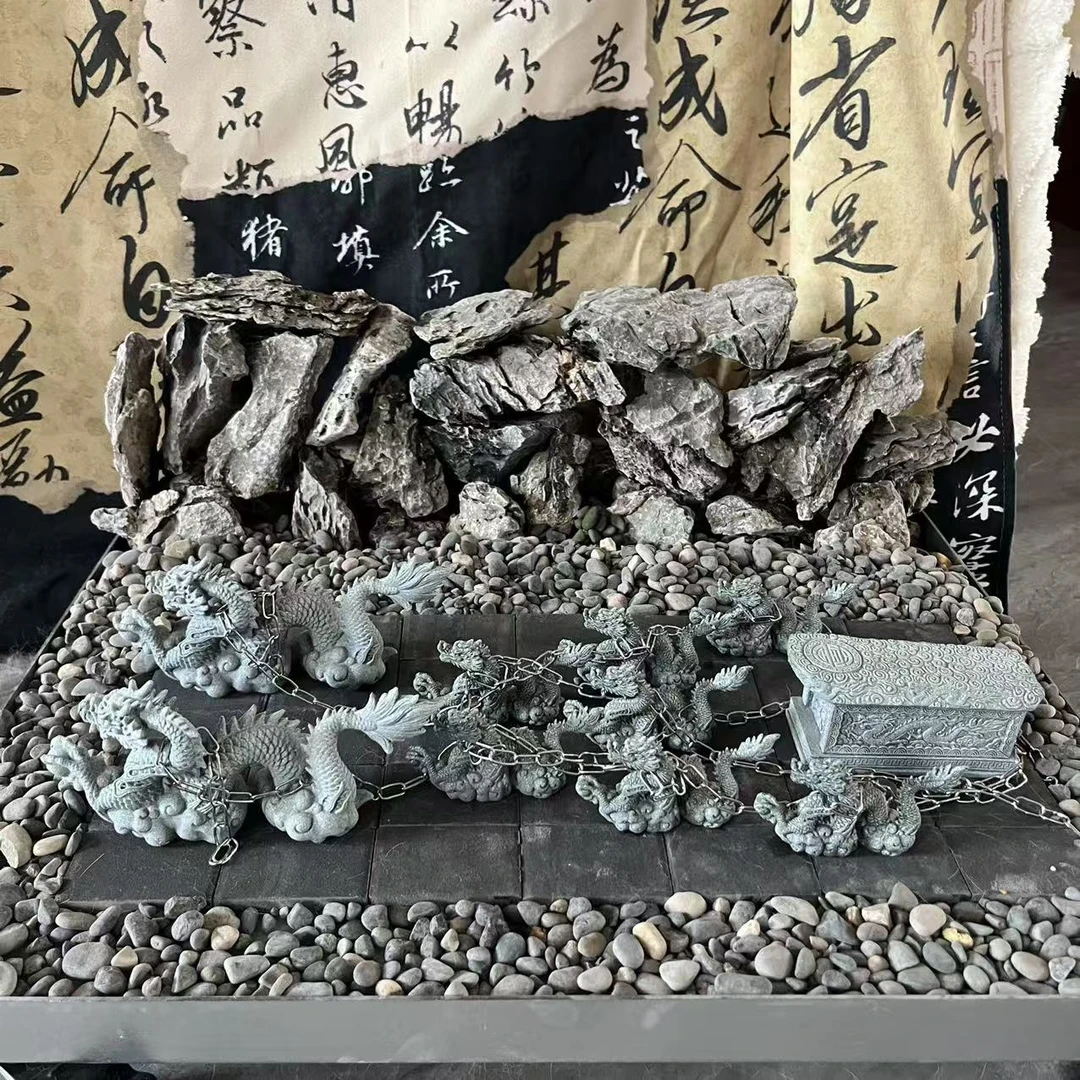 九龙拉棺全套鱼缸造景摆件祥龙升官发财水族造景山水布景微景观