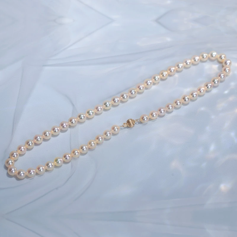 AKOYA海水珍珠项链Rose带真科研大证7.5-8mm14K黄金扣头强光