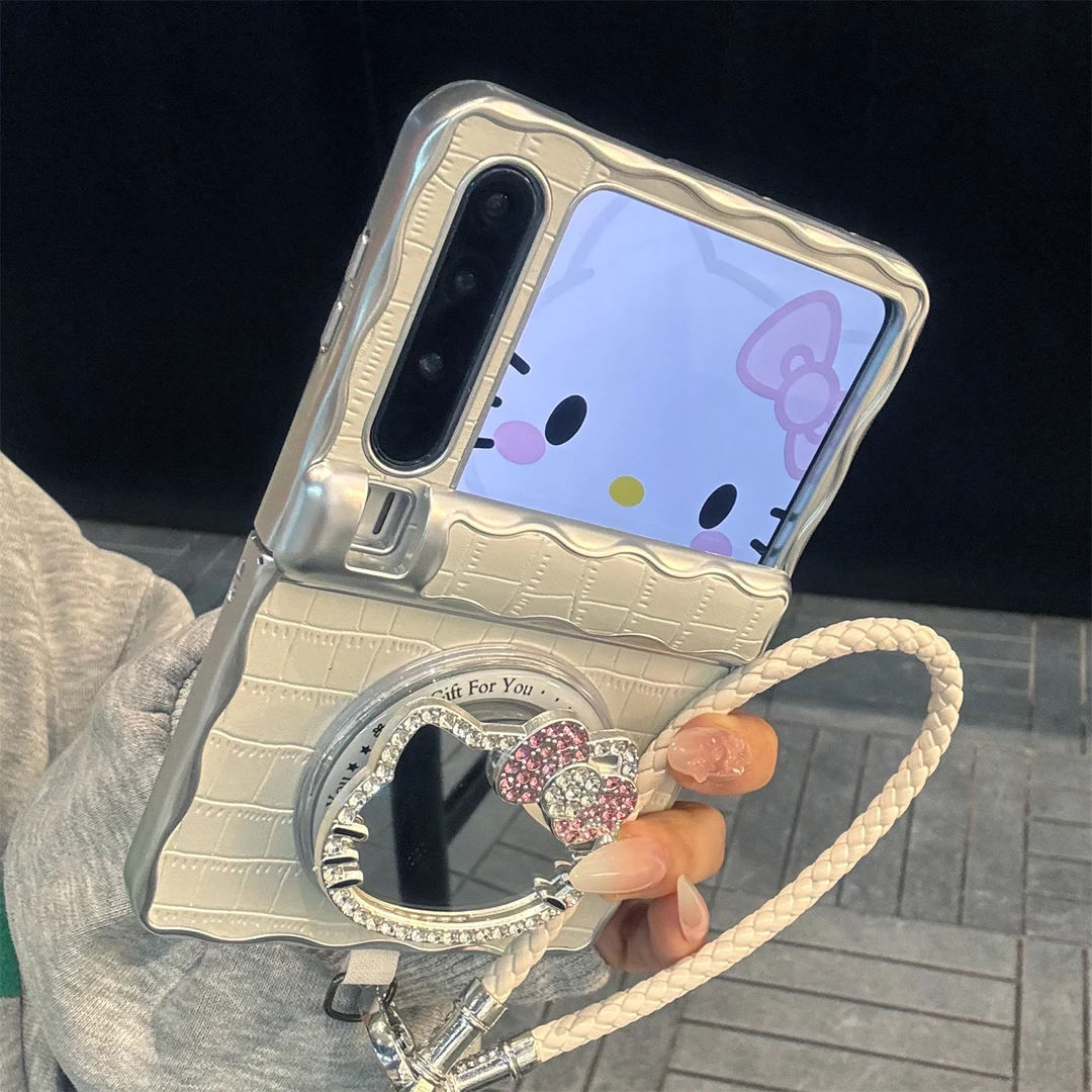 适用华为purax典藏版手机壳白色皮纹pocket2水钻镜面kt猫磁吸支架