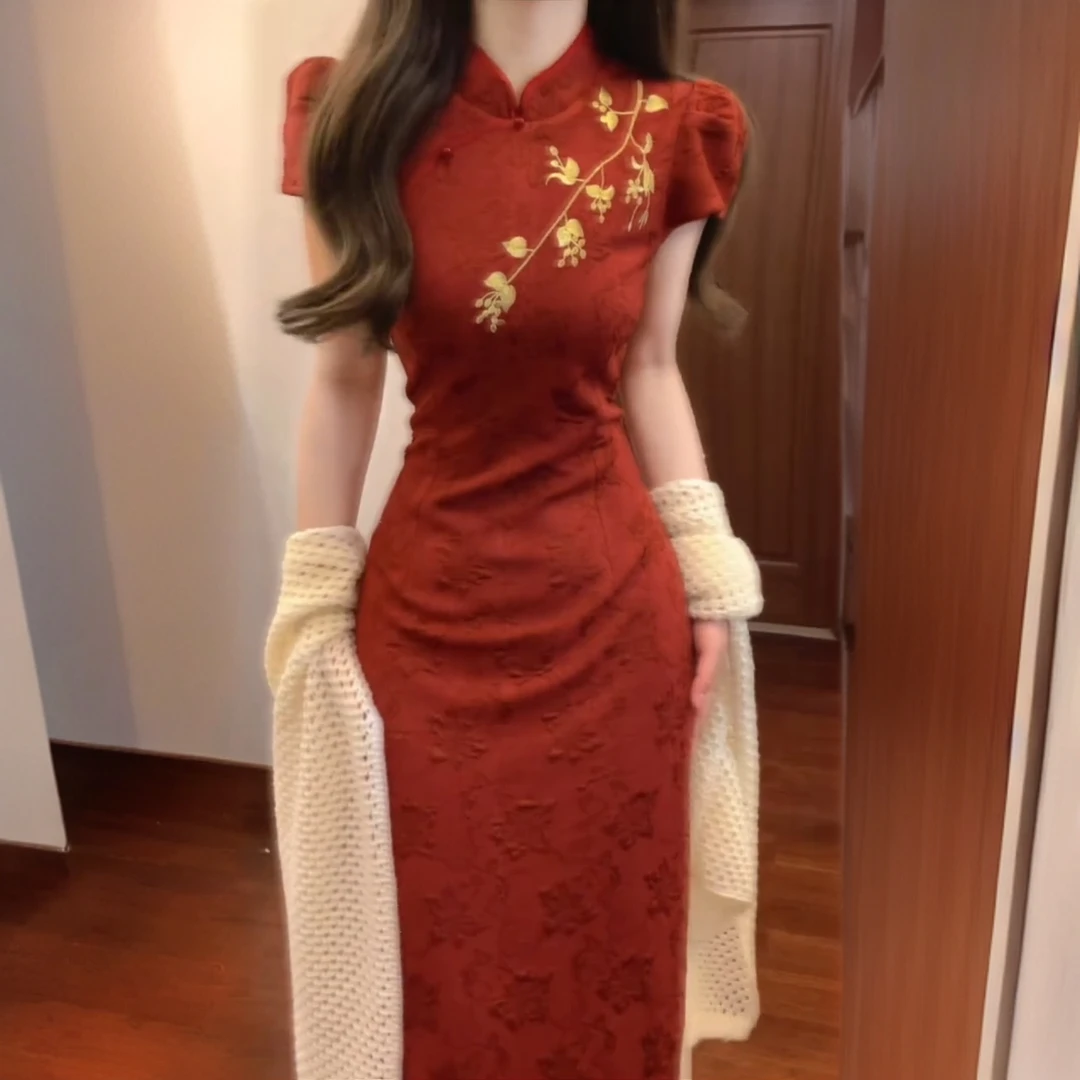 【华悦】2025夏季高档新中式订婚红色刺绣新娘假两件连衣裙短袖旗袍