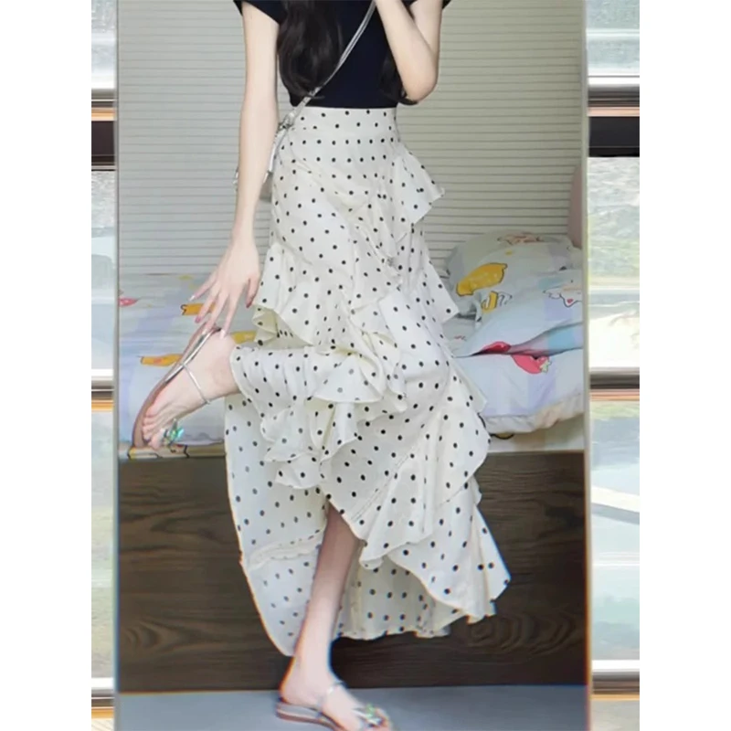 夏季小众气质不规则设计荷叶边长裙子法式高级感波点高腰半身裙女