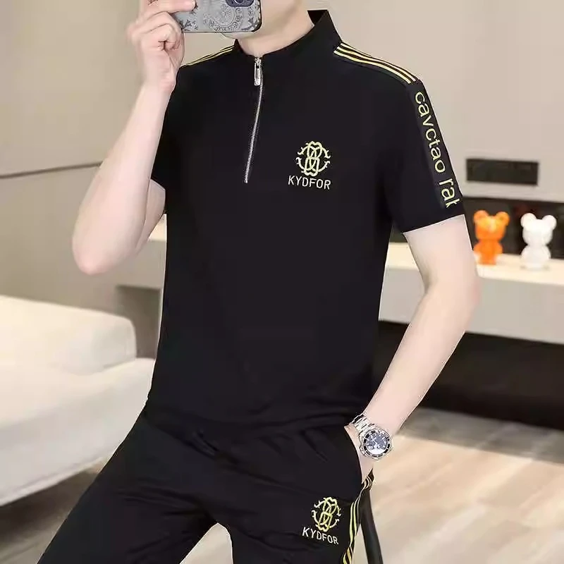 奈纽彼皮夏季男士运动套装立领半拉链短袖T恤新款修身两件套潮牌