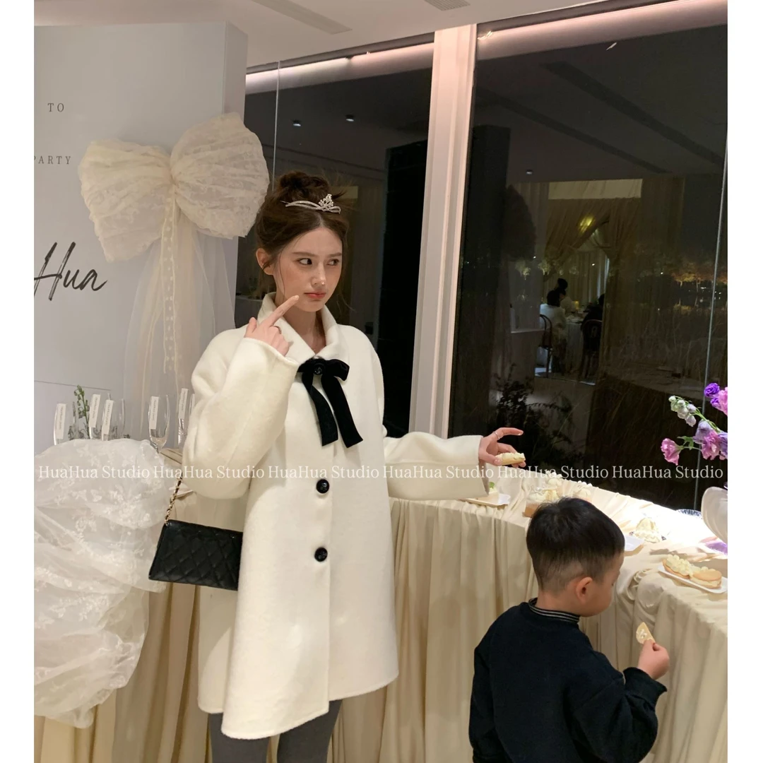 【花花】京城贵女~可拆卸蝴蝶结 千金双面呢斗篷大衣翻领毛呢外套