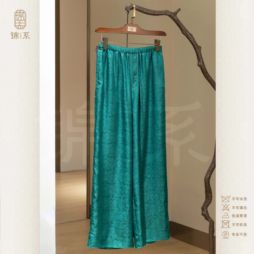 【锦系】18姆米真丝洒金罗新中式国风桑蚕丝松紧腰阔腿裤K-383113