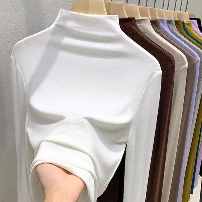 《有运费险》半高领长袖打底衫女2025新款螺纹修身显瘦体恤保暖t恤