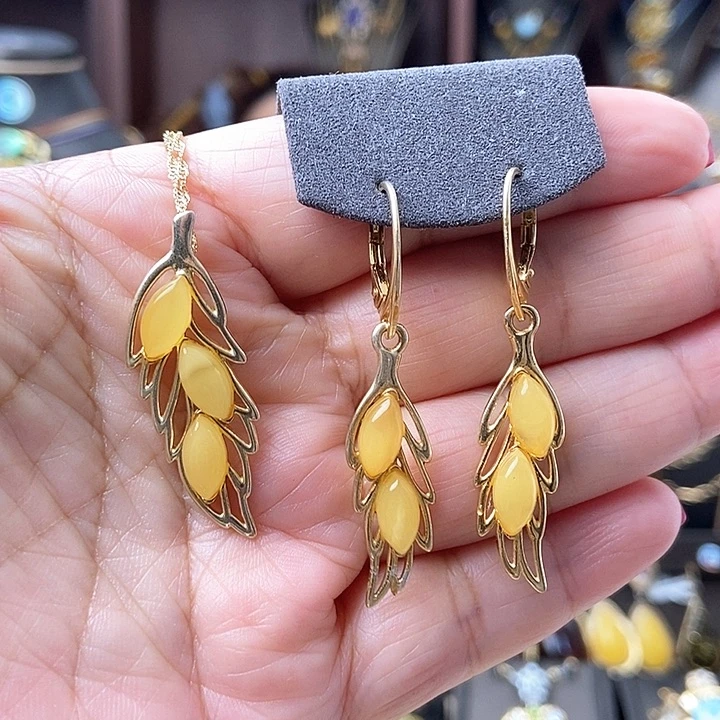 琥珀颈饰银S925镶嵌套装