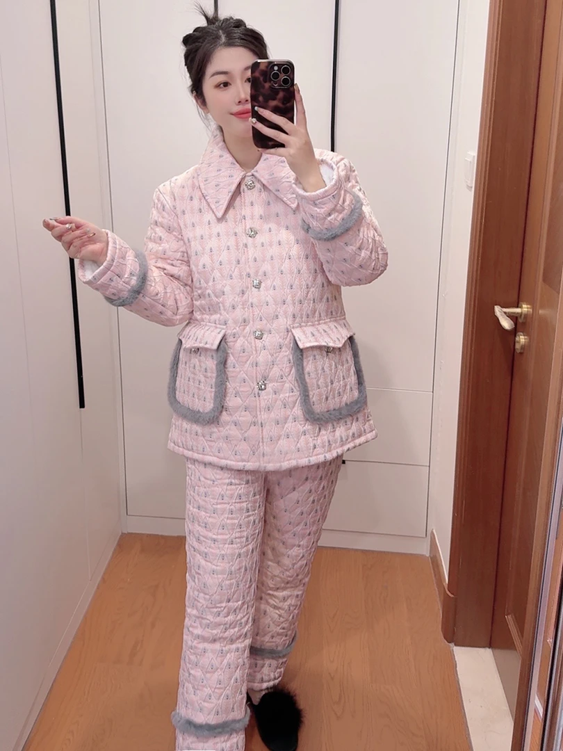【次品】保暖冬季中长款女睡衣家居服套装加绒粉色高质感穿搭