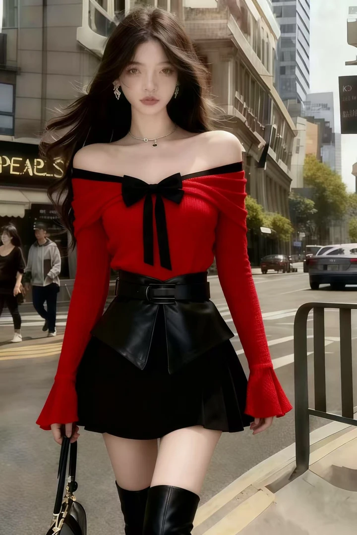 秋冬法式休闲轻熟风红色一字肩露肩上衣+黑色百搭半身裙两件套