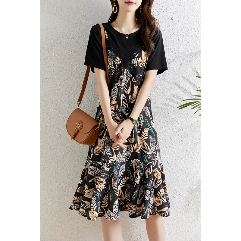 假两件吊带印花雪纺连衣裙女夏2025新款宽松显瘦胖mm休闲荷叶边裙