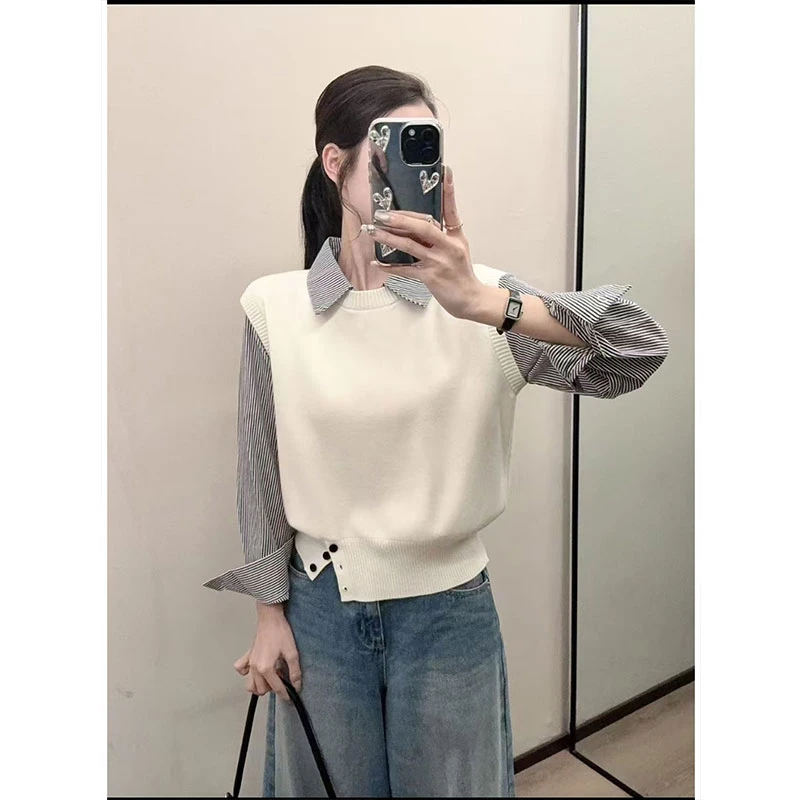 2025新款假两件拼接条纹下摆开扣针织衫上衣女简约气质毛衣打底衫