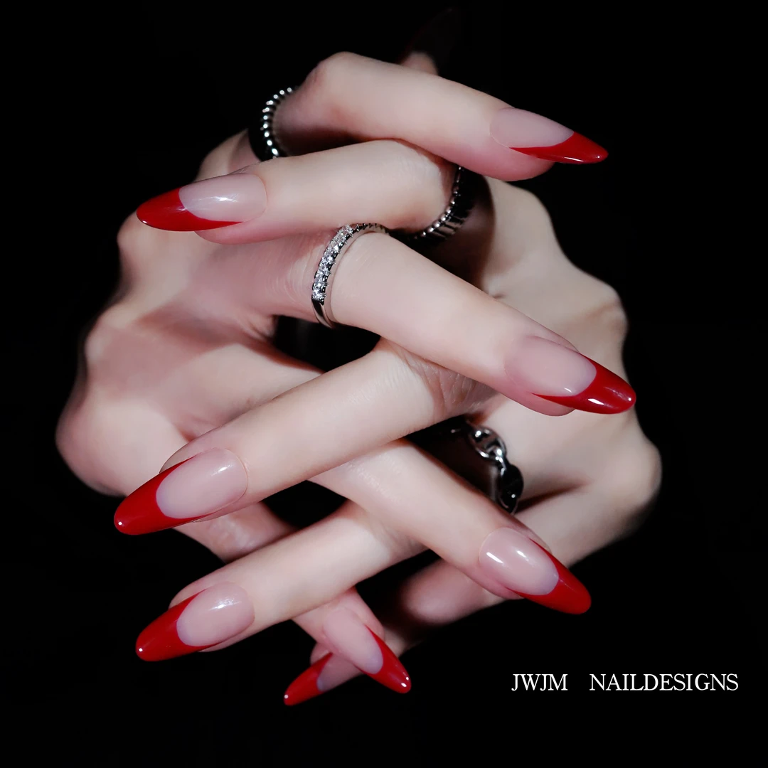 【Red343号】JWJM设计手工穿戴甲高位法式红色显手长手白10片冬款