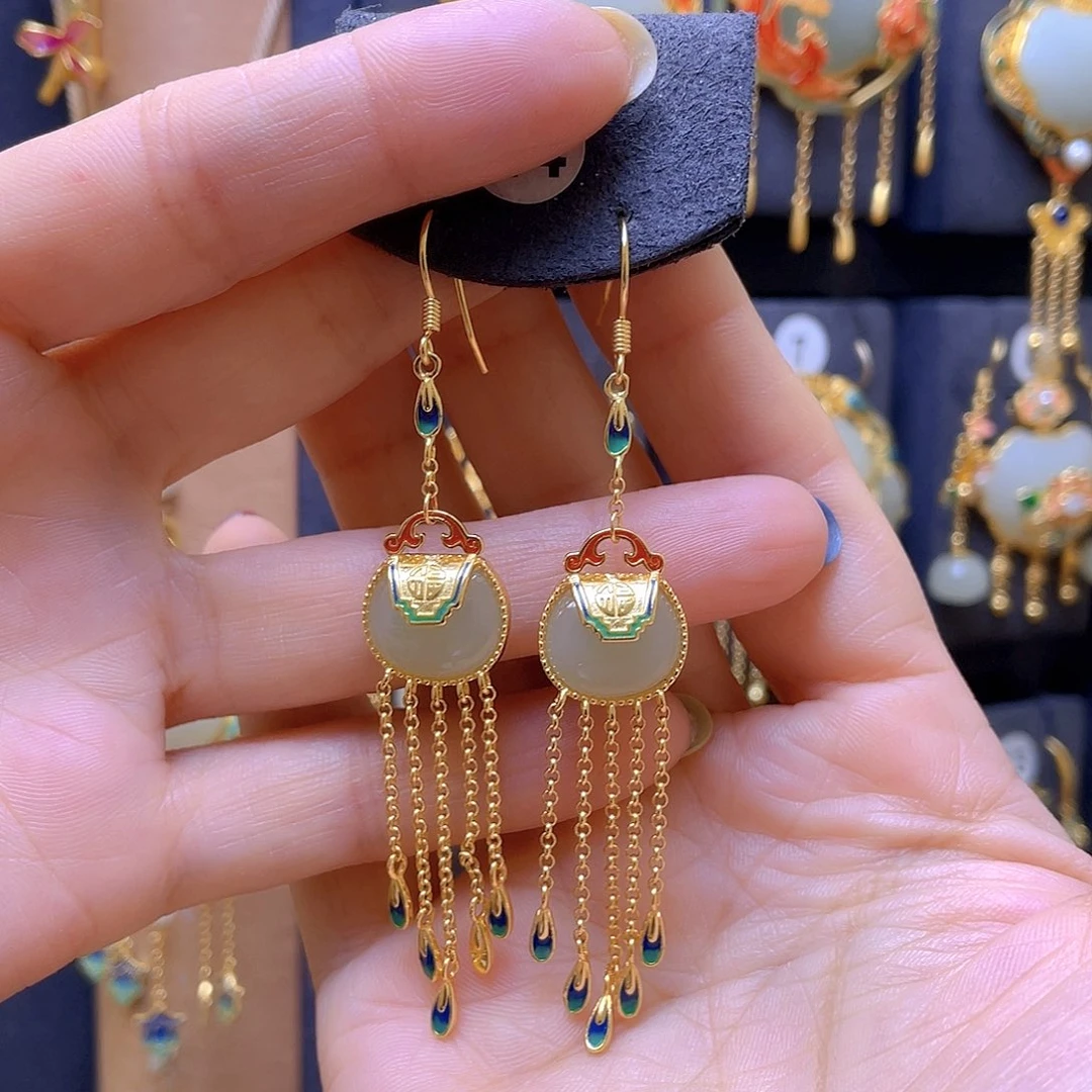 和田玉银S925镀金镶嵌耳饰