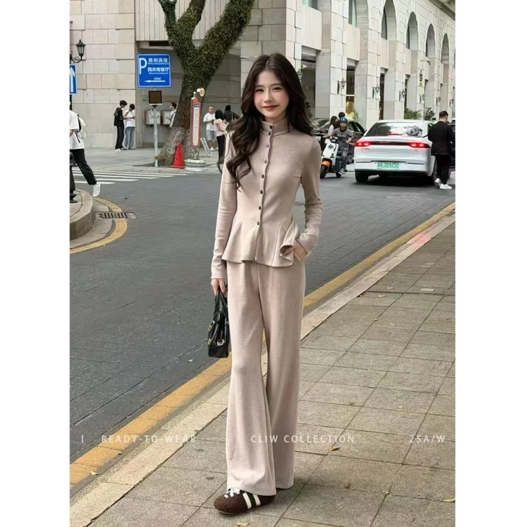 女装暖屿小个子秋冬立领显瘦上衣阔腿长裤两件套MIU系通勤套装