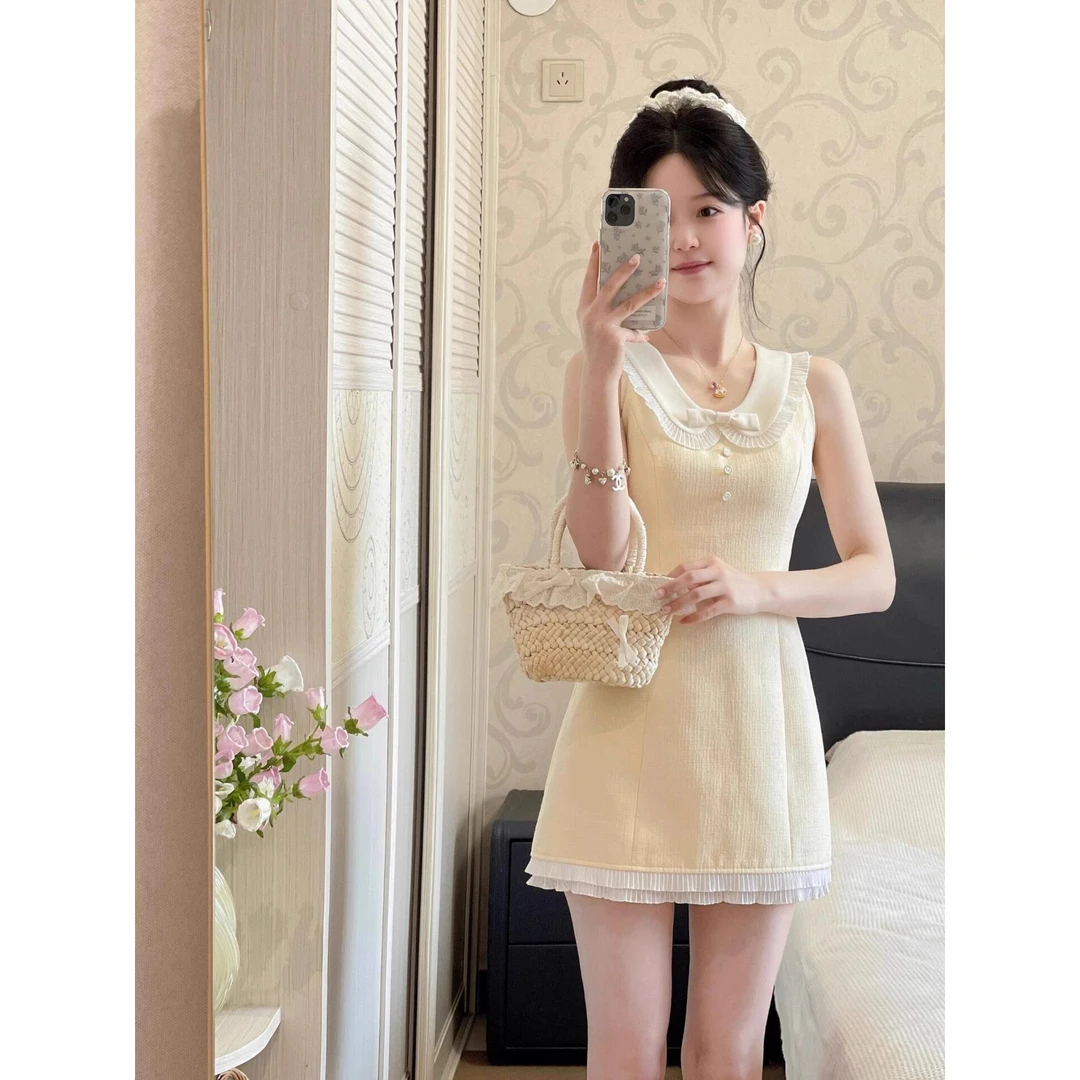 法式气质小香风娃娃领无袖连衣裙女夏季收腰显瘦富家千金黄色短裙