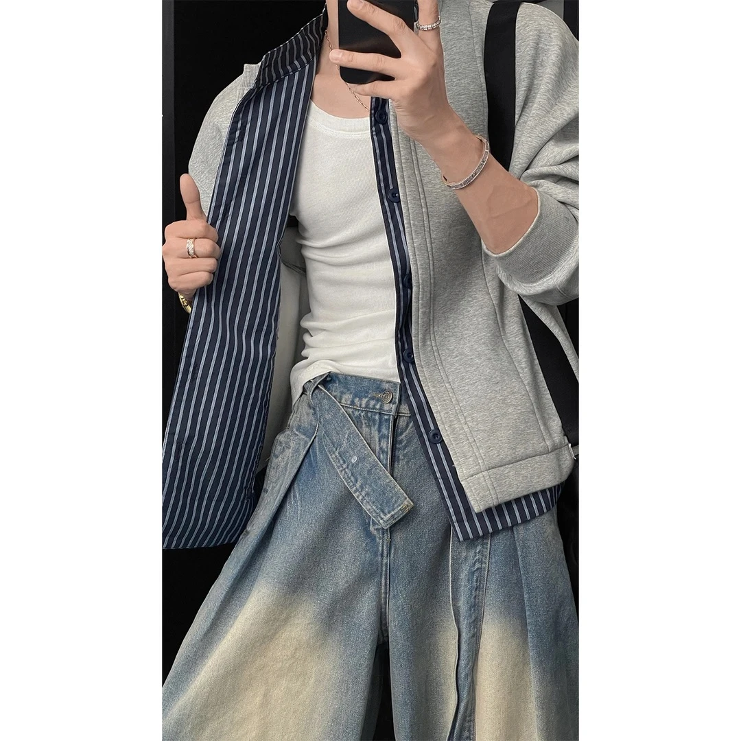 LlGGlCC龙叨叨秋季新品美式假两件条纹拼接立领夹克休闲百搭外套