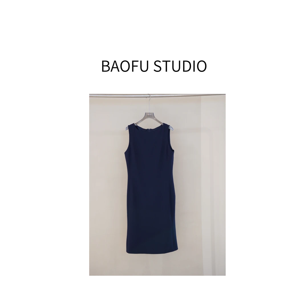 BAOFU studio | 法式无袖三醋酸连衣裙藏青简约质感优雅合身裙子