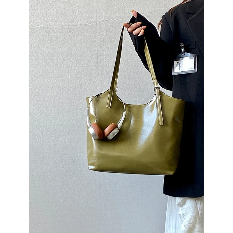 124【针扣托特墨绿色】韩版森林绿复古通勤大容量托特包单肩手提包