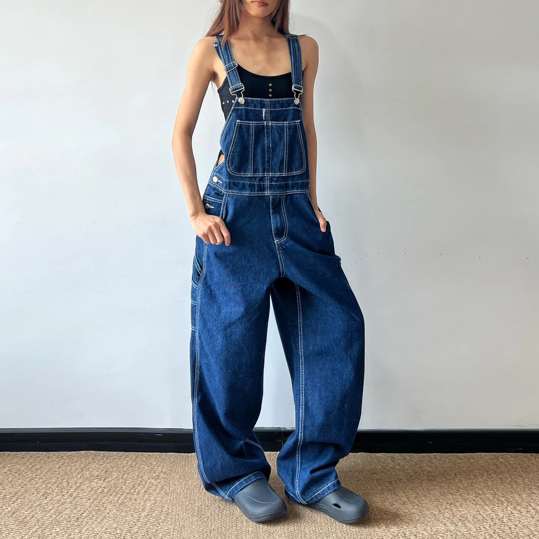 无无厘头美式复古牛仔背带裤男女高级感宽松工装休闲减龄阔腿裤子