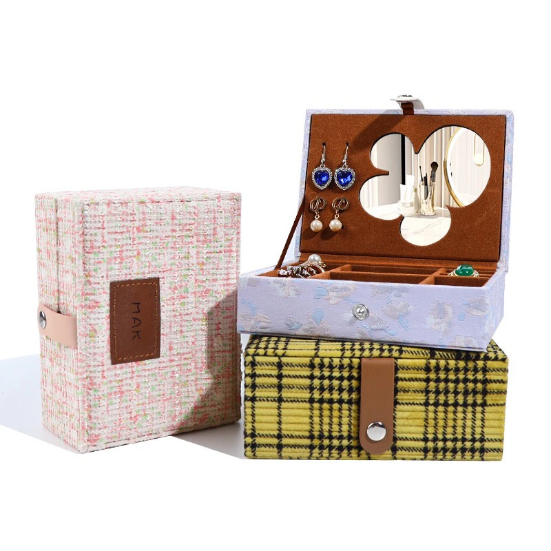 首饰盒/箱 【实物超级好看】便携精致双层提花布料撞色首饰盒带镜子