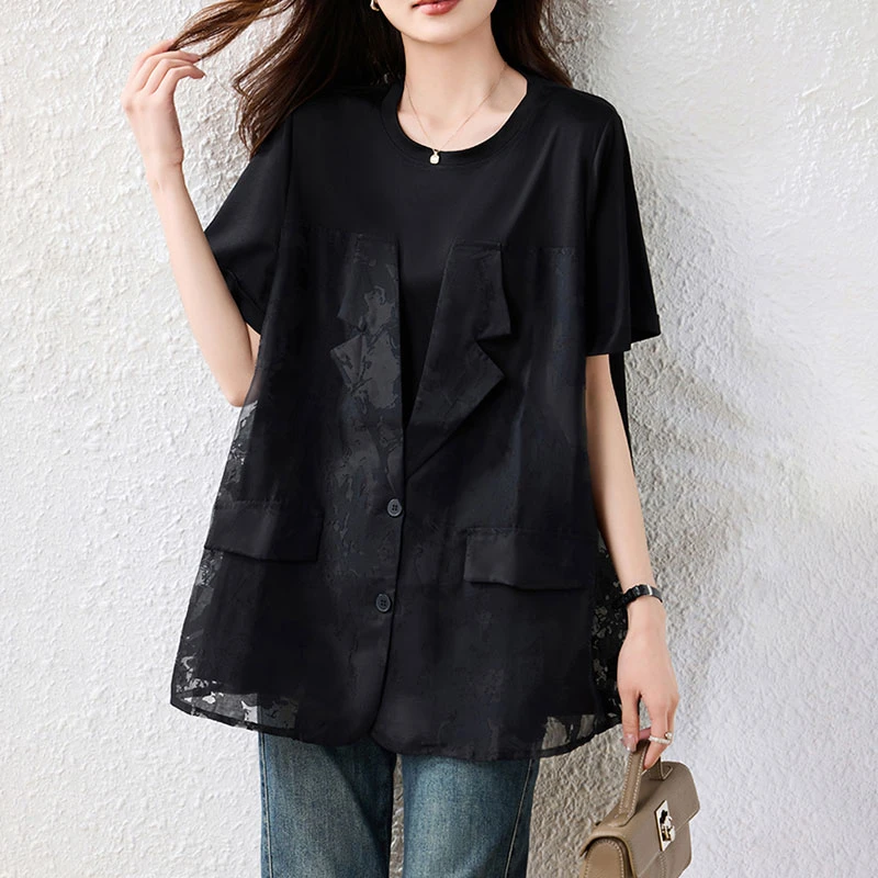 假两件t恤女士2025夏季新款洋气减龄设计感宽松大码显瘦气质上衣