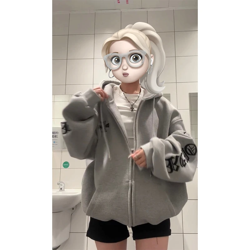 美式朋克风华夫格字母刺绣连帽拉链卫衣女春秋季宽松哥特潮牌外套