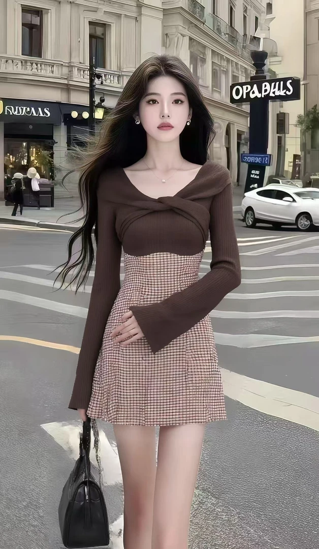 韩版时尚气质温柔风咖色拼接格子V领长袖针织修身收腰连衣裙女