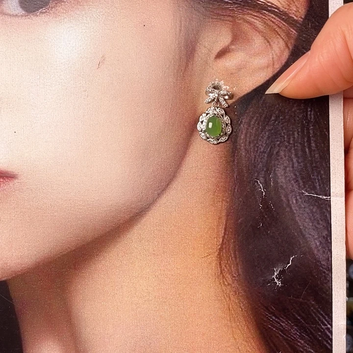 蛇纹石玉耳环银S925镶嵌