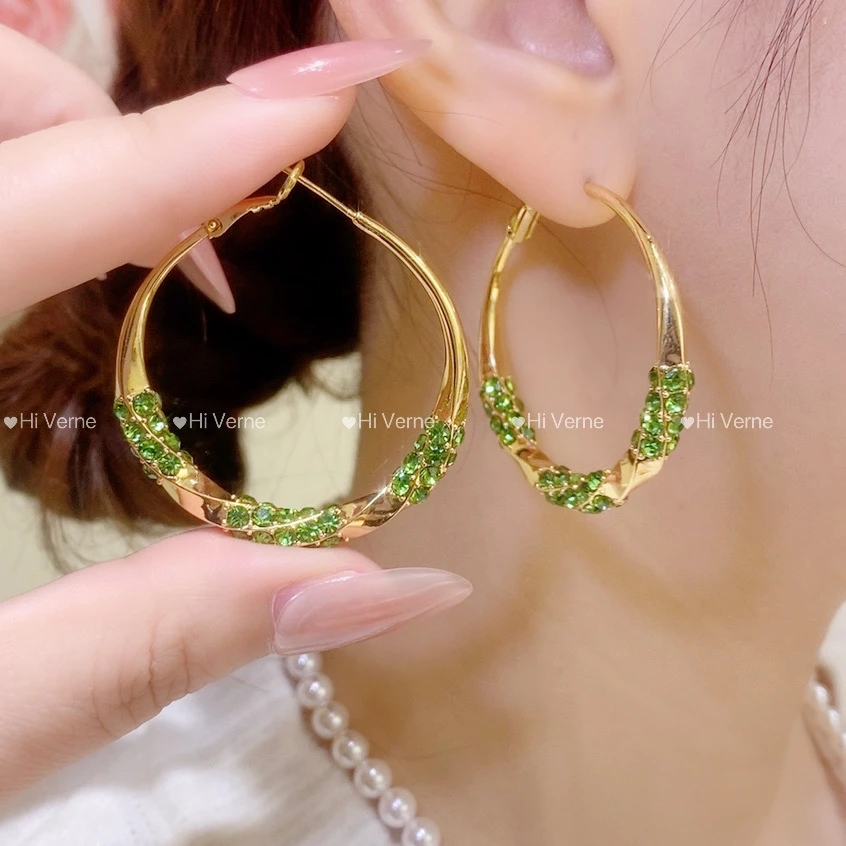 铜合金合成锆石耳饰 时尚潮流气质高端百搭绿色圈圈耳圈耳环