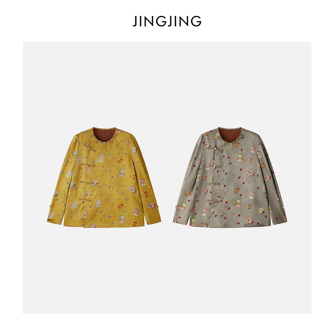 JINGJING2025新款“财宝满堂”五路财神提花小金扣精致拨浪鼓上衣