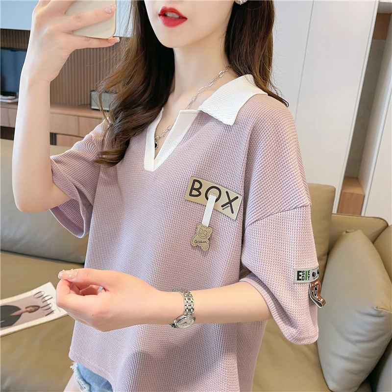 撞色华夫格短袖t恤女夏季新款宽松韩版v领女装设计感上衣服女童