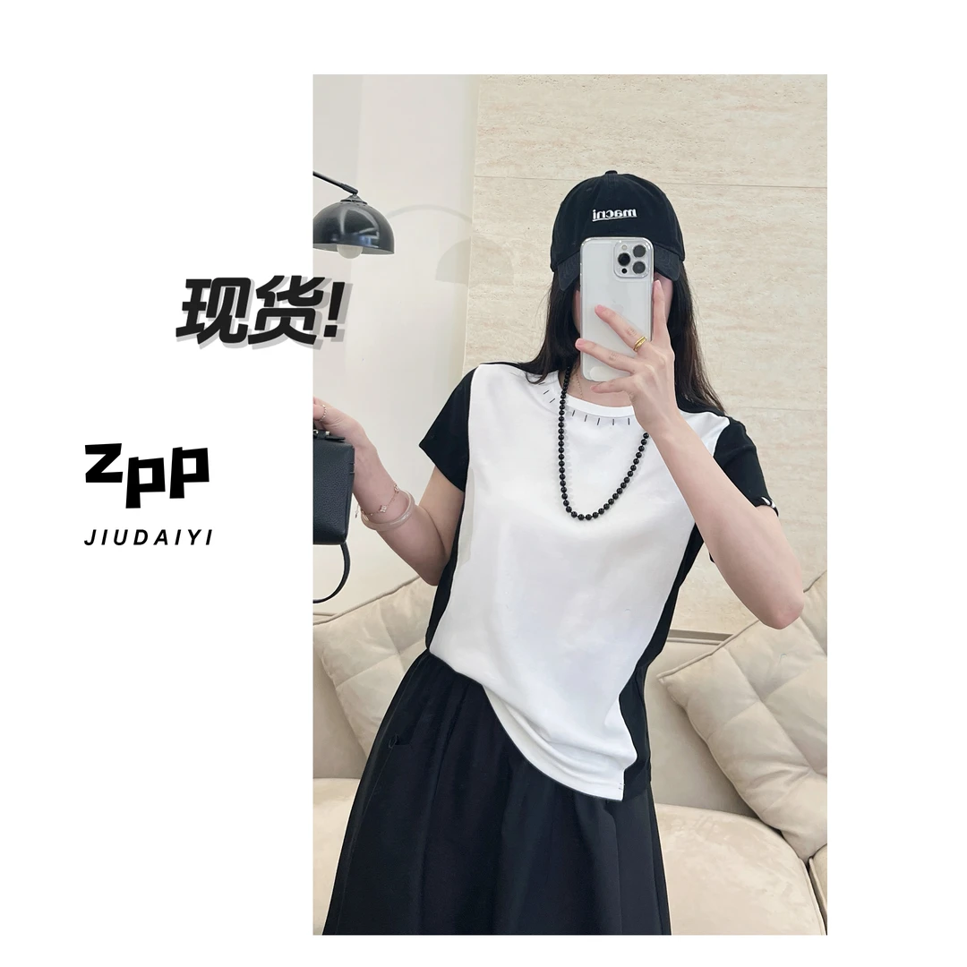玖黛衣现货【修容T】新款夏季圆领拼色宽松短袖TXP40925