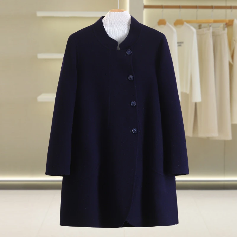 【伍莎-自营】韩版宽松立领中长款双面呢外套#YZT48B006
