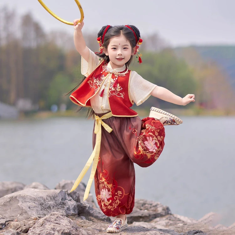 【魔童】夏季儿童古风汉服61表演哪吒cos短袖可爱哪吒服男女童套装
