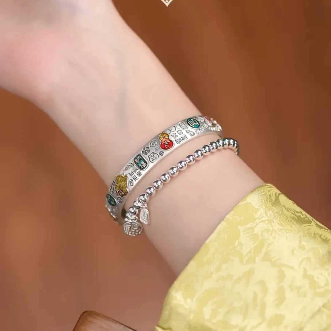 足银手镯 珐琅彩国风银手镯女足银999.9复古招财猫吉言银手镯实心