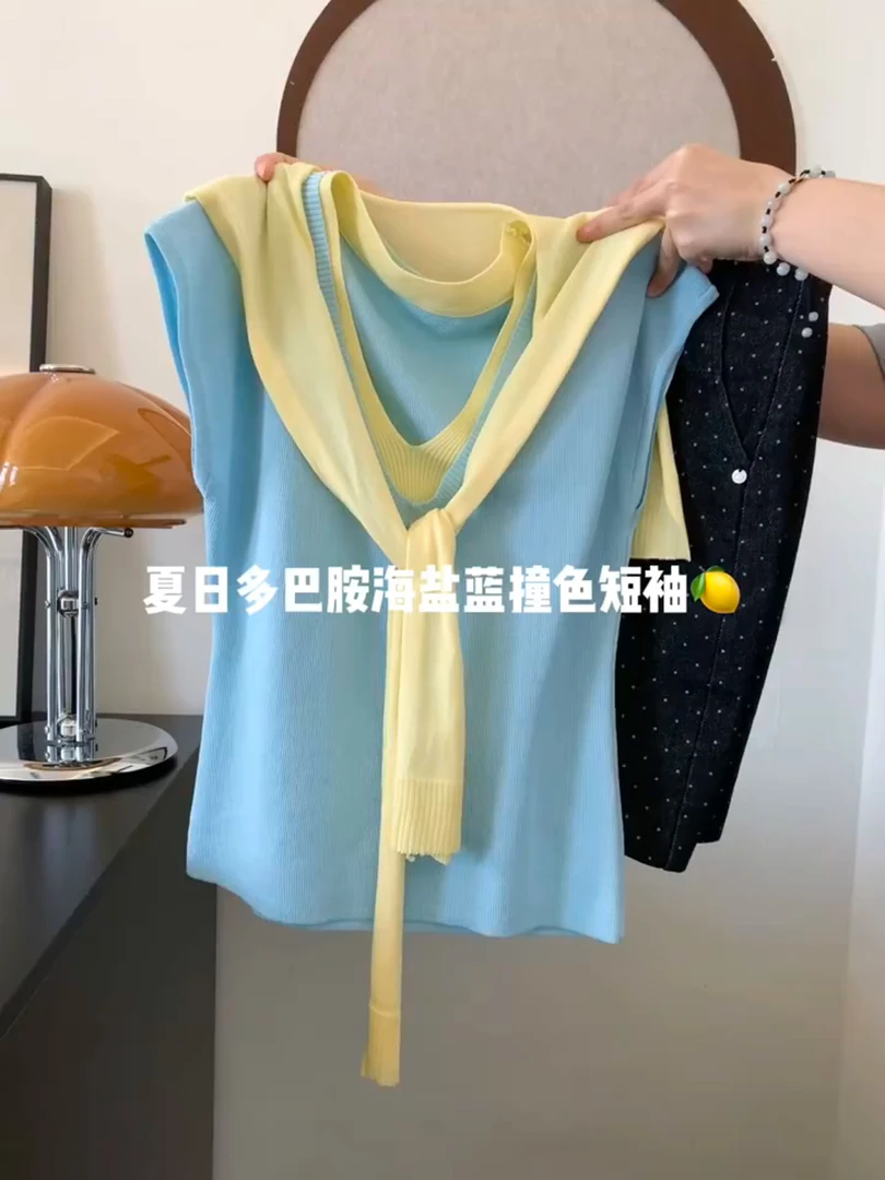 学院风百搭时髦海军领短袖T恤拼接撞色2025夏日海盐蓝V领上衣ins