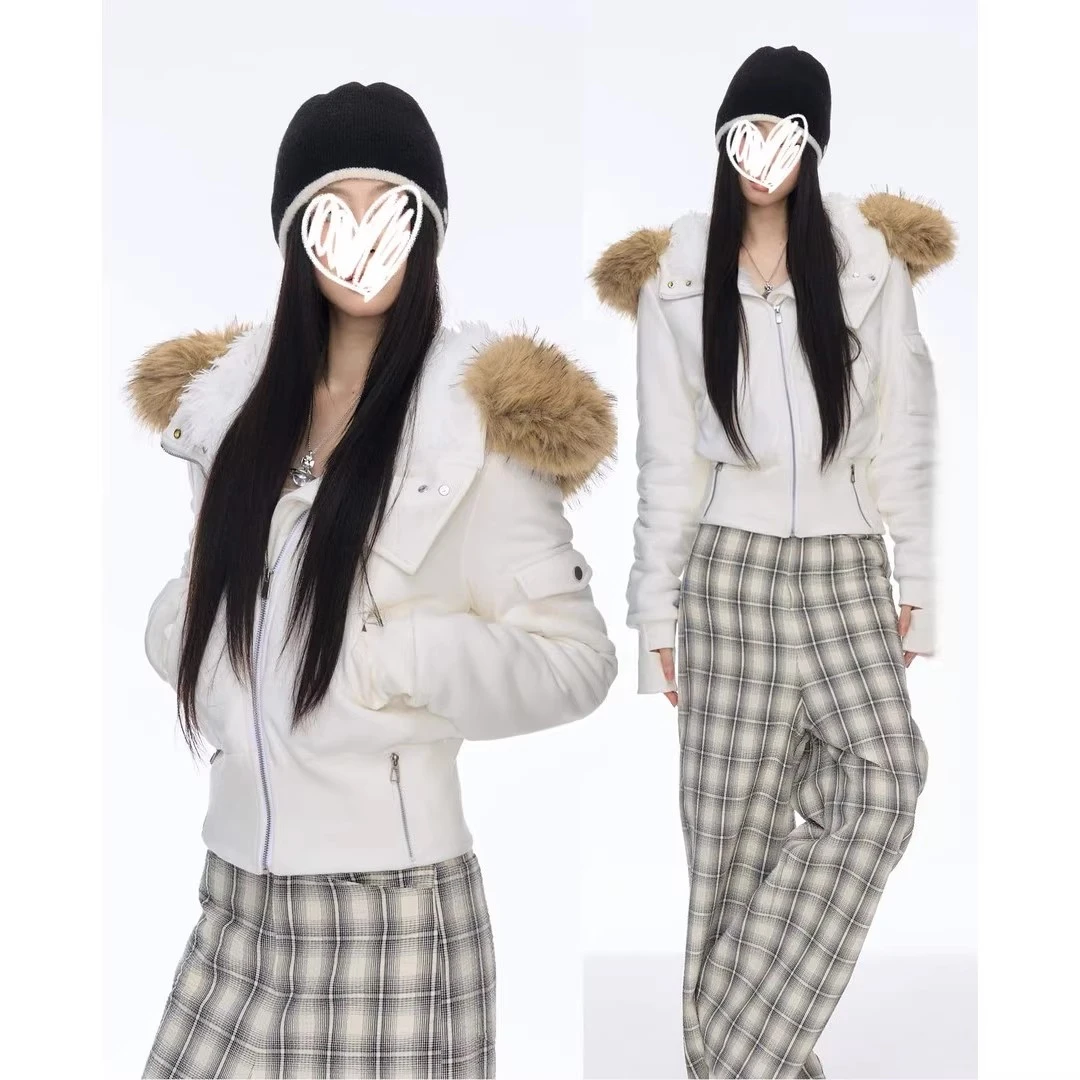 座山雕毛领连帽卫衣外套女秋冬季加绒加厚设计感短款开衫棉服上衣