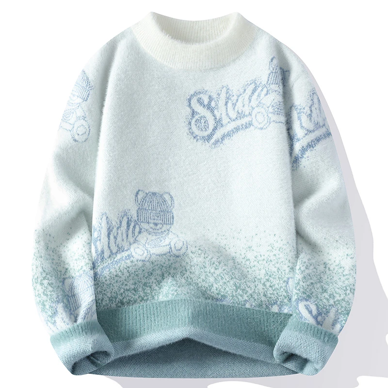 秋冬新款圆领水貂毛保暖加厚宽松爆款青少年冬季毛衣针织衫男加绒