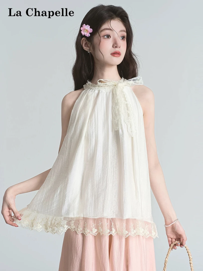 法式挂脖甜美风无袖背心吊带女多巴胺蕾丝边设计感纯欲风上衣