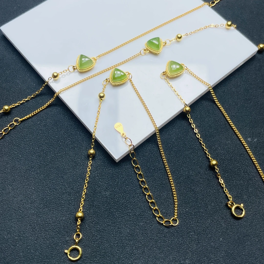 「戴琴珠宝」FR5927-和田碧玉三角银镶手链（多样性发其一）