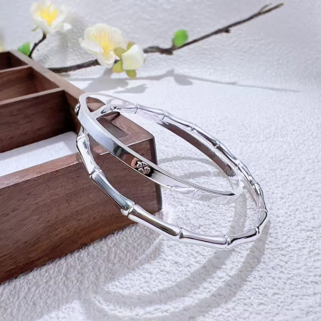 足银手镯 999双环竹节四叶草闭口手镯