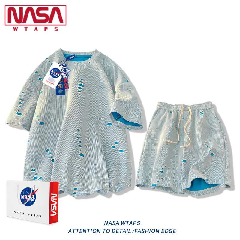 NASA WTAPS美式破洞短袖T恤套装男款夏季大码痞帅短袖短裤两件套