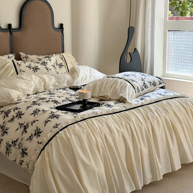 复古法式棉四件套公主风棉床单荷叶边被套碎花少女心床上用品