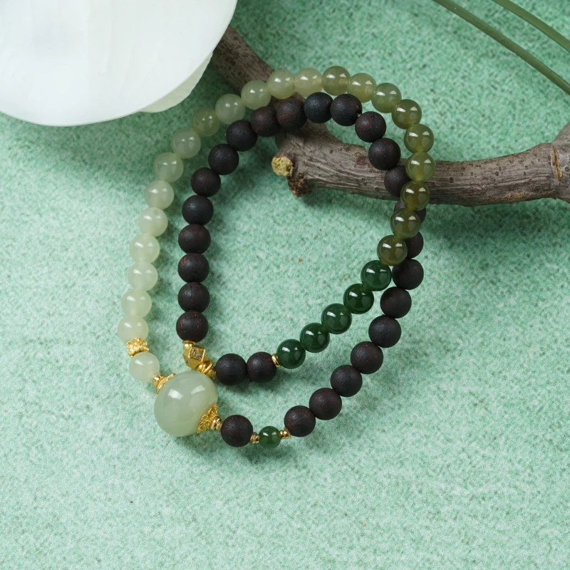 【沉璧】降真香0.6渐变和田玉双圈手串