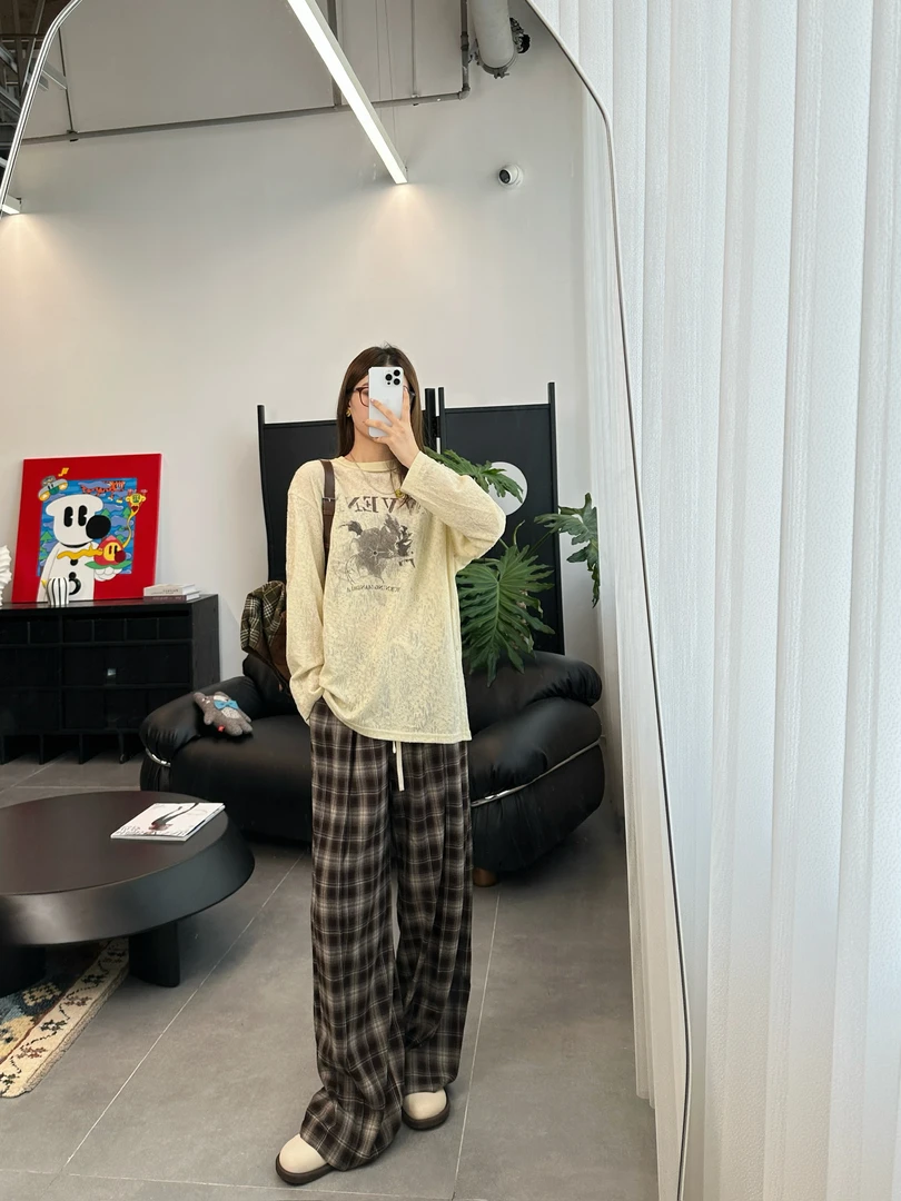 YOEYYOU 设计师品牌 小众新款 复古百搭格纹量感直筒长裤