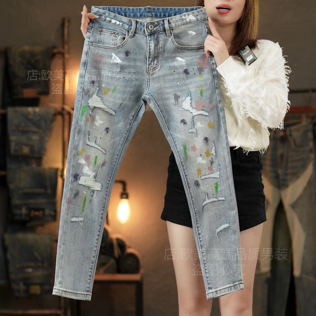 九分裤男士秋冬新款高端牛仔裤复古浅蓝色泼墨破洞补丁修身弹力