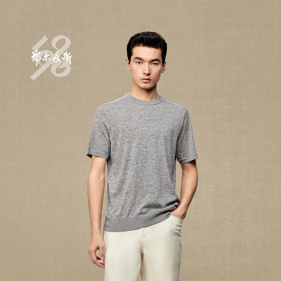 鄂尔多斯1980 新品精纺桑蚕丝棉圆领休闲T恤男装短袖针织衫25早秋